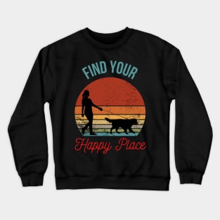 Find Your Happy Place: Silhouette of Girl Walking Dog with Retro Sunset Background Crewneck Sweatshirt